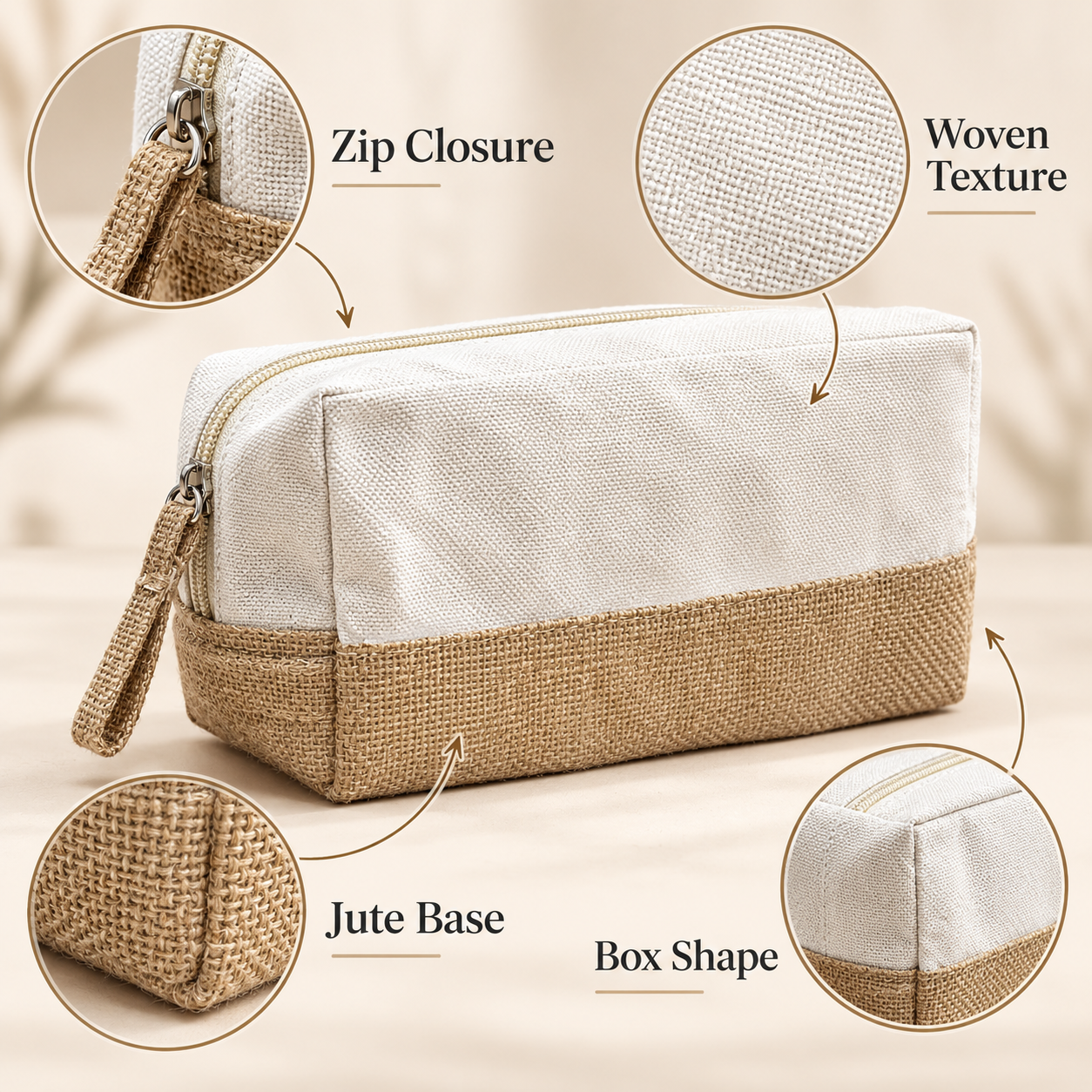 Plain 8x5x3 Natural Cotton Canvas Zipper Pouch | 220 GSM
