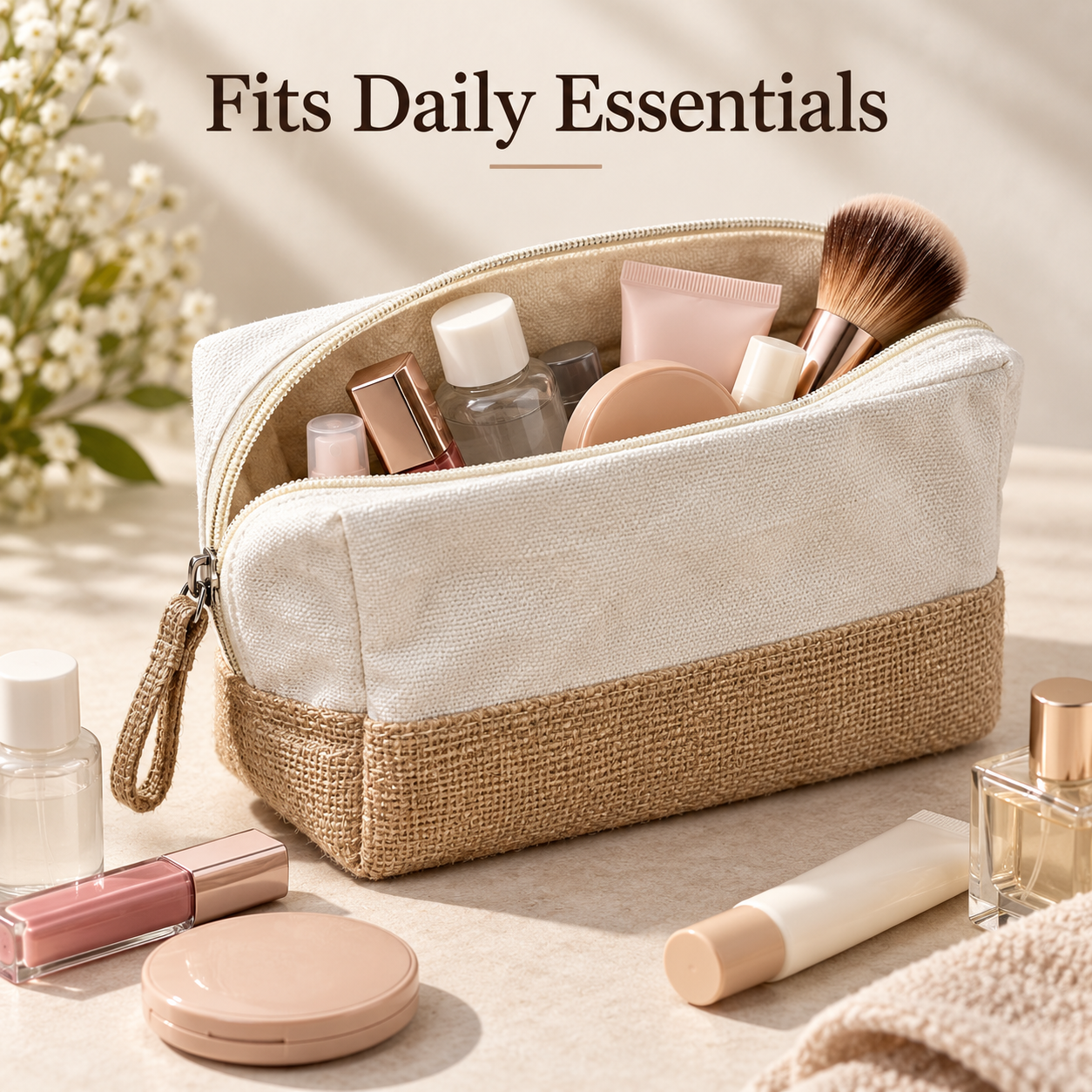 Plain 8x5x3 Natural Cotton Canvas Zipper Pouch | 220 GSM