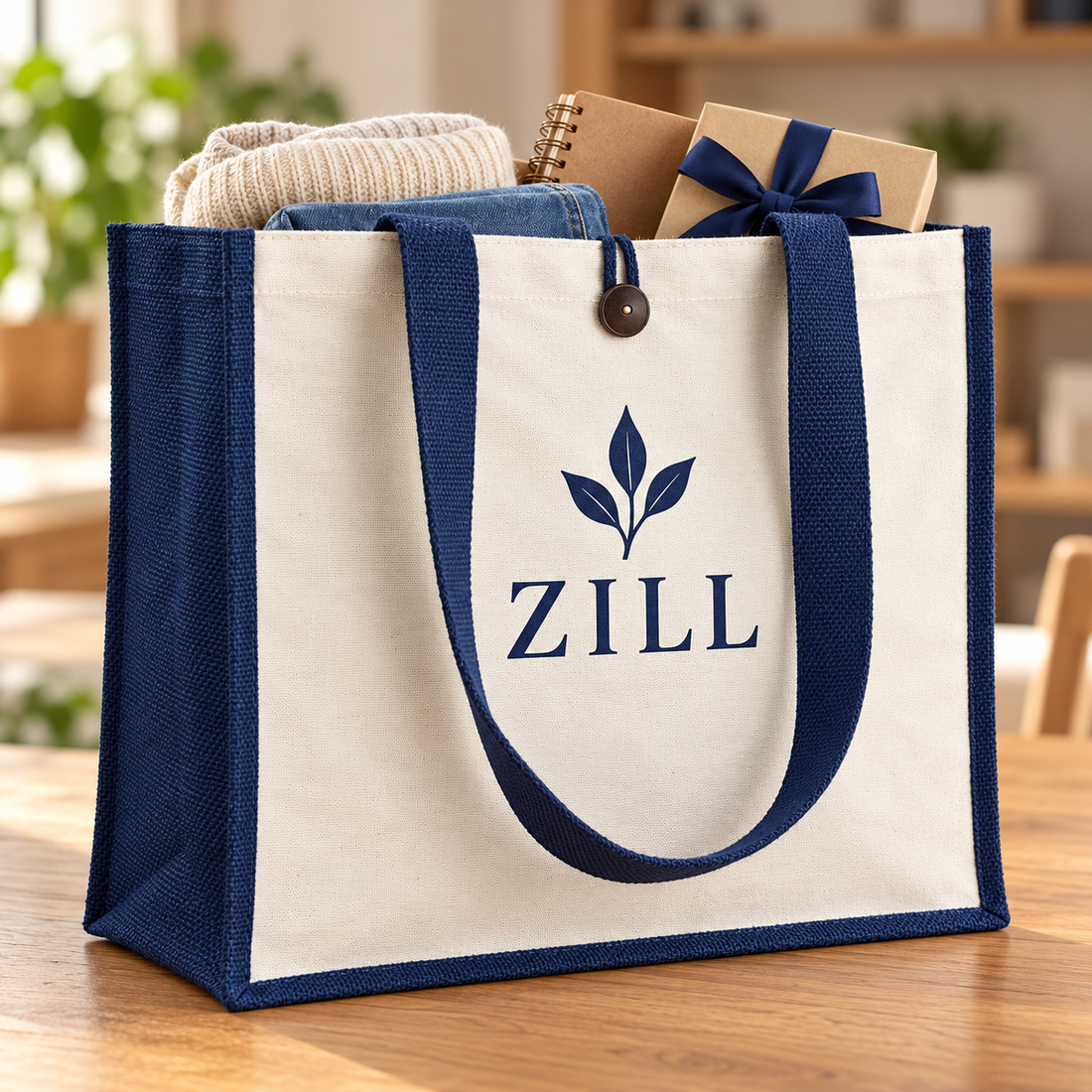 16x13x6 Navy Blue Laminated Jute & Canvas Hamper Bag with Button Closure
