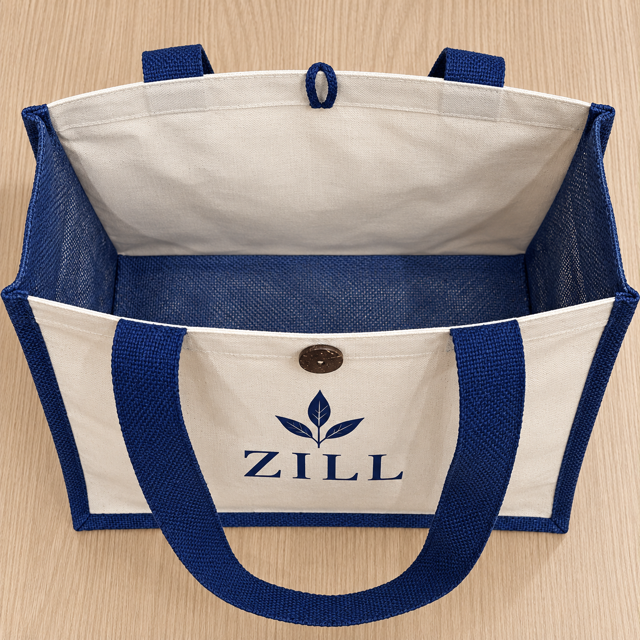 16x13x6 Navy Blue Laminated Jute & Canvas Hamper Bag with Button Closure
