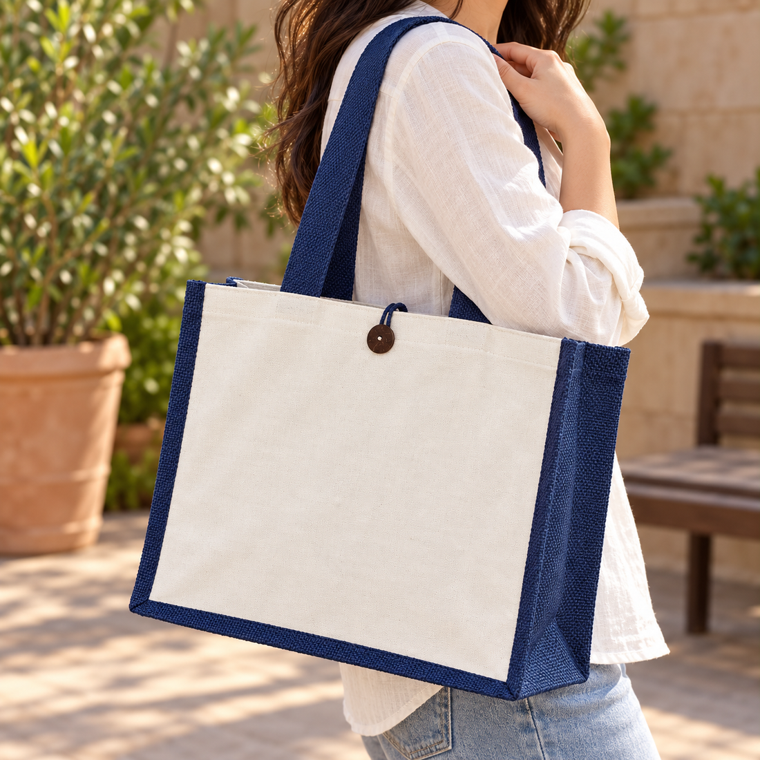 Plain 16x13x6 Navy Blue Laminated Jute & Canvas Hamper Bag with Button Closure