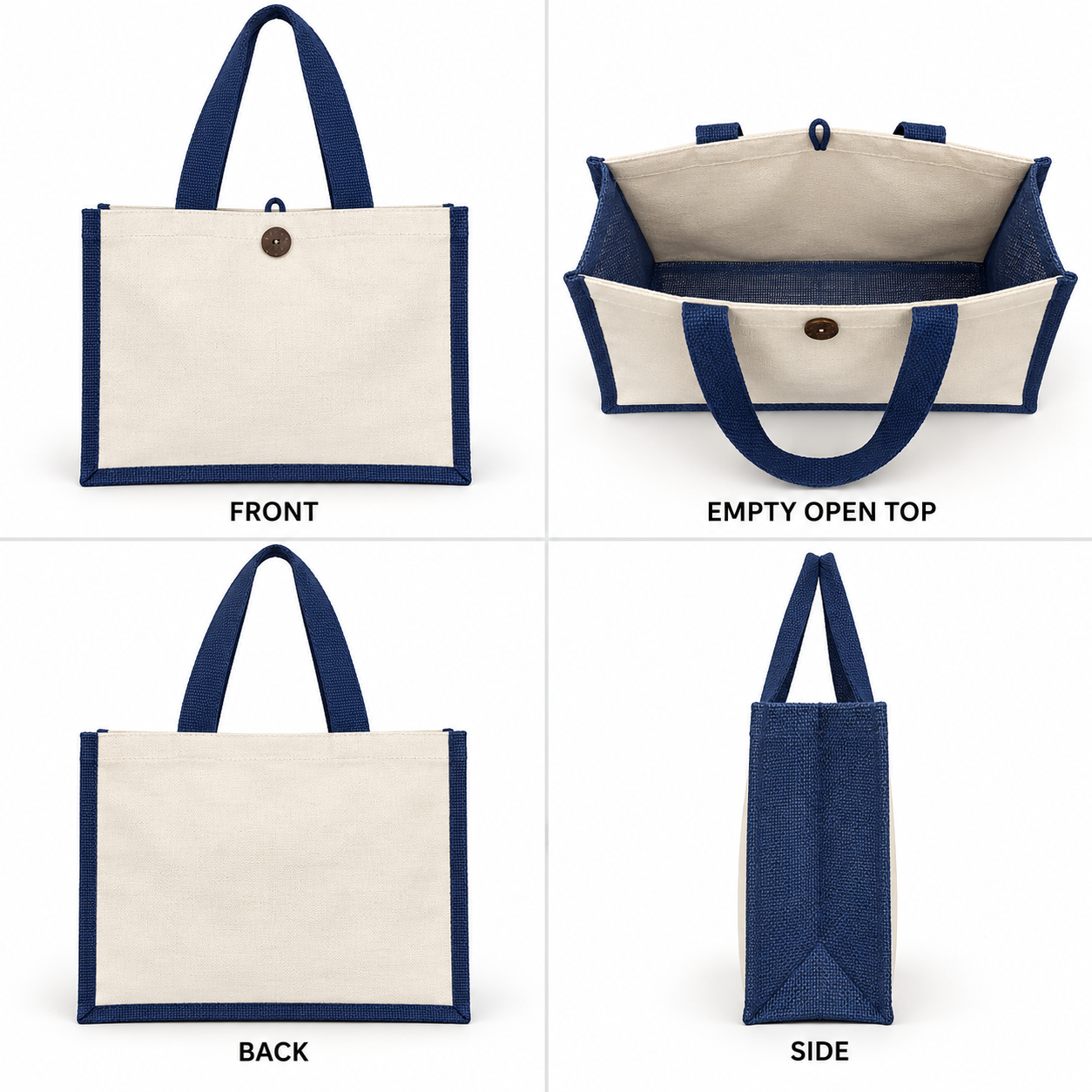 Plain 16x13x6 Navy Blue Laminated Jute & Canvas Hamper Bag with Button Closure