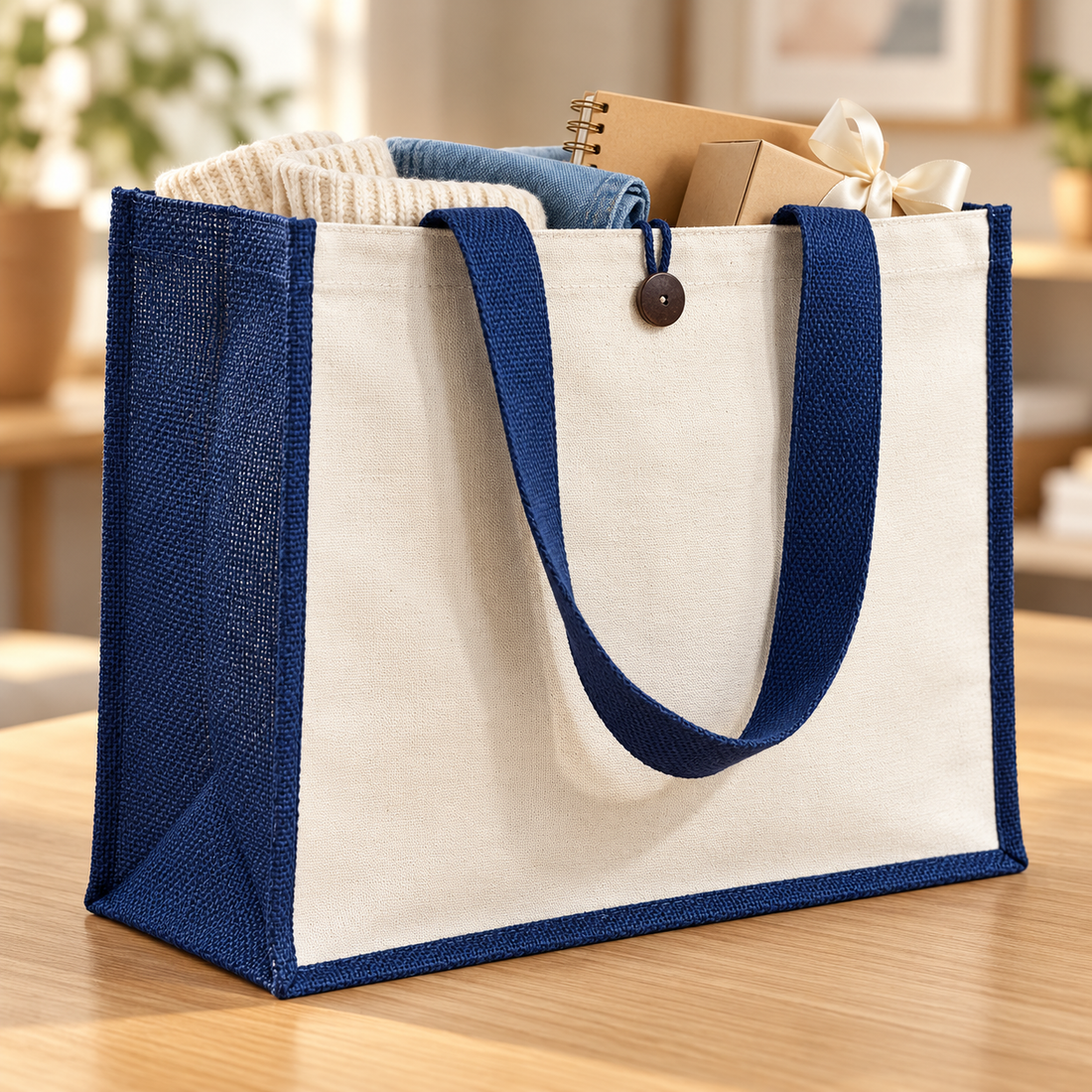 Plain 16x13x6 Navy Blue Laminated Jute & Canvas Hamper Bag with Button Closure