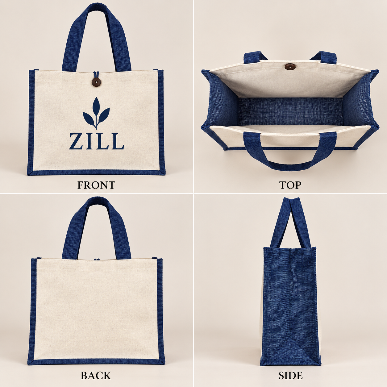16x13x6 Navy Blue Laminated Jute & Canvas Hamper Bag with Button Closure