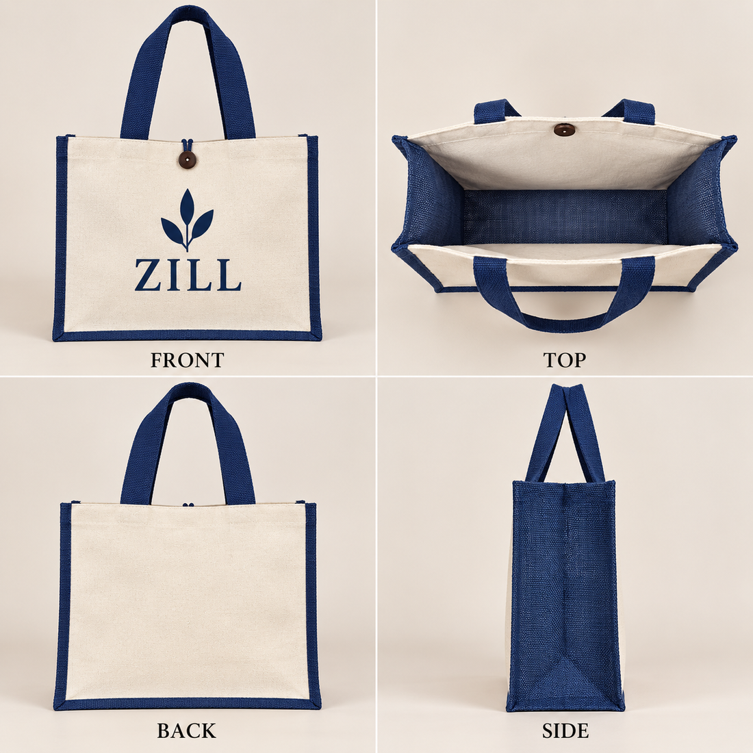 16x13x6 Navy Blue Laminated Jute & Canvas Hamper Bag with Button Closure