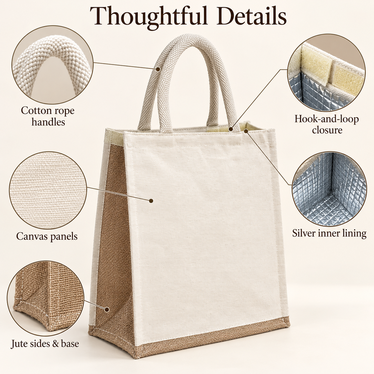 Plain 12x13.5x6.5 Natural Insulated Canvas Cooler Bag | 310 GSM