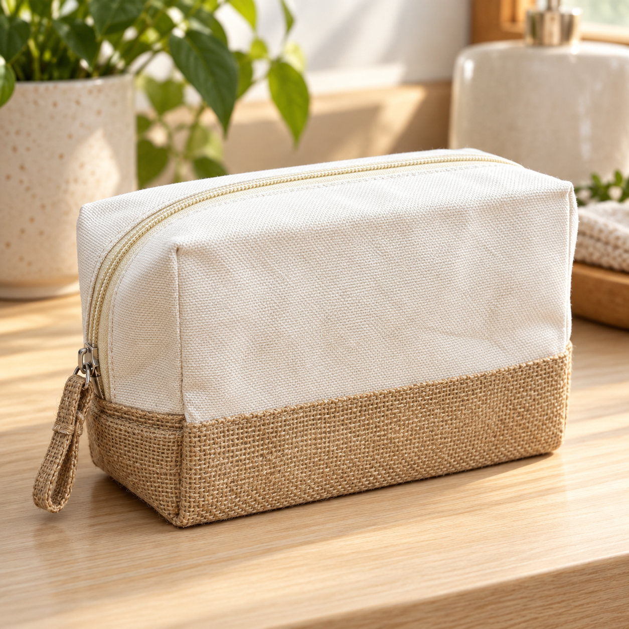 Plain 8x5x3 Natural Cotton Canvas Zipper Pouch | 220 GSM