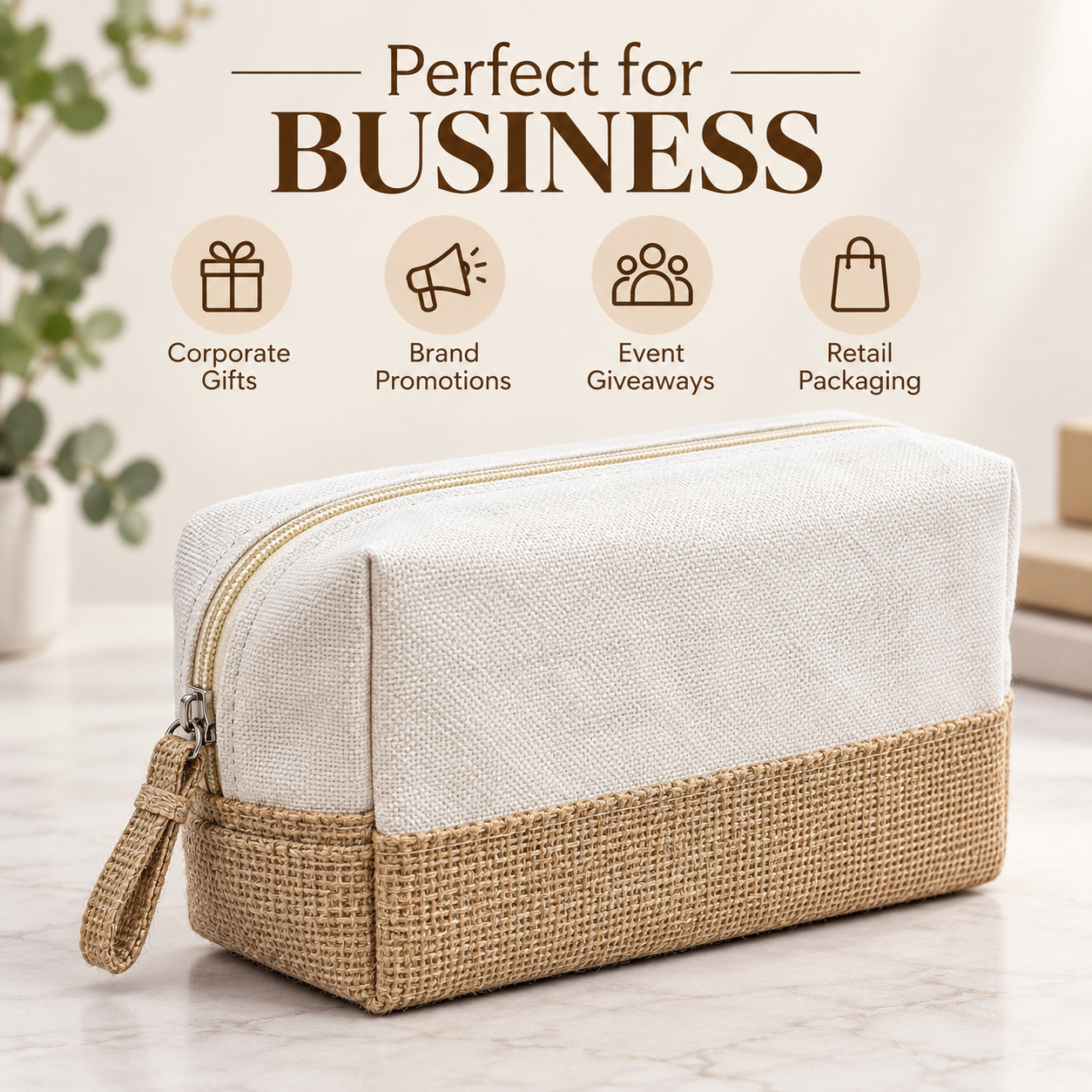 Plain 8x5x3 Natural Cotton Canvas Zipper Pouch | 220 GSM