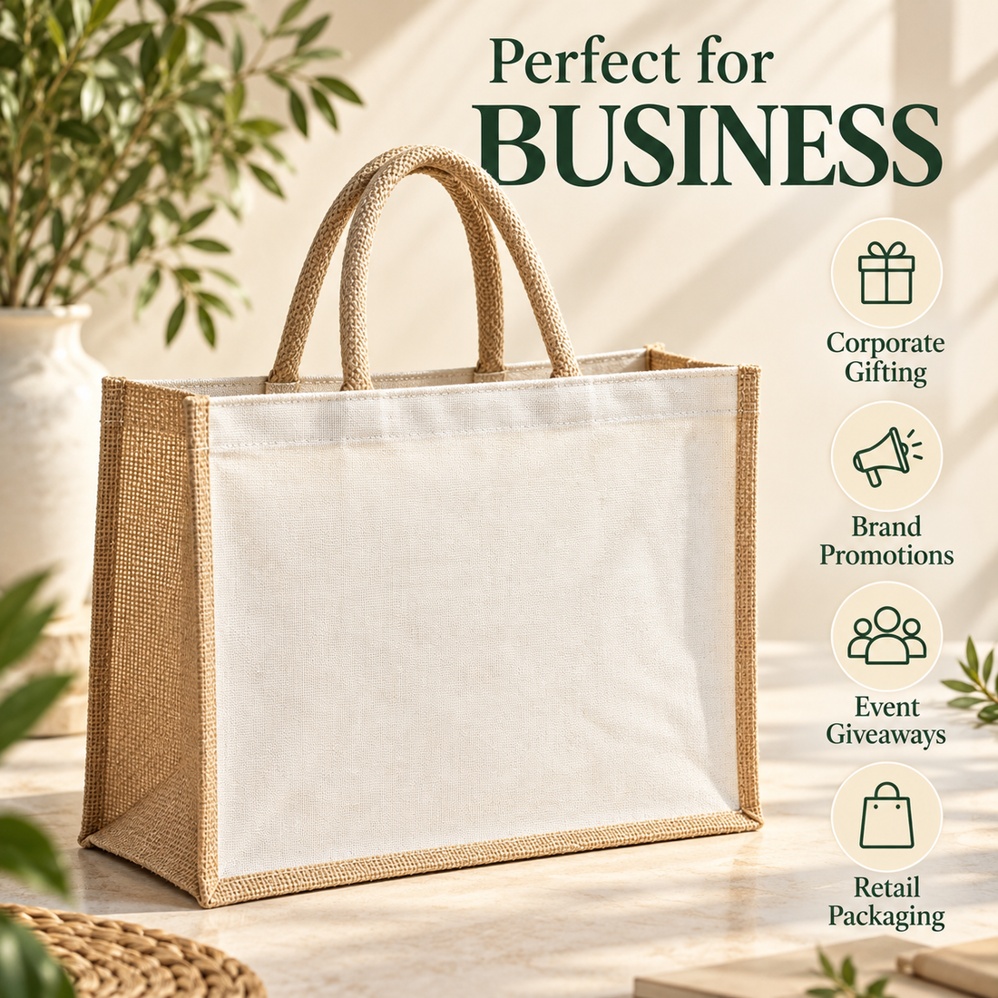 Plain 16x13x6 Natural Laminated Jute & Canvas Hamper Bag