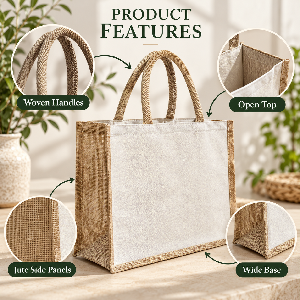 Plain 16x13x6 Natural Laminated Jute & Canvas Hamper Bag