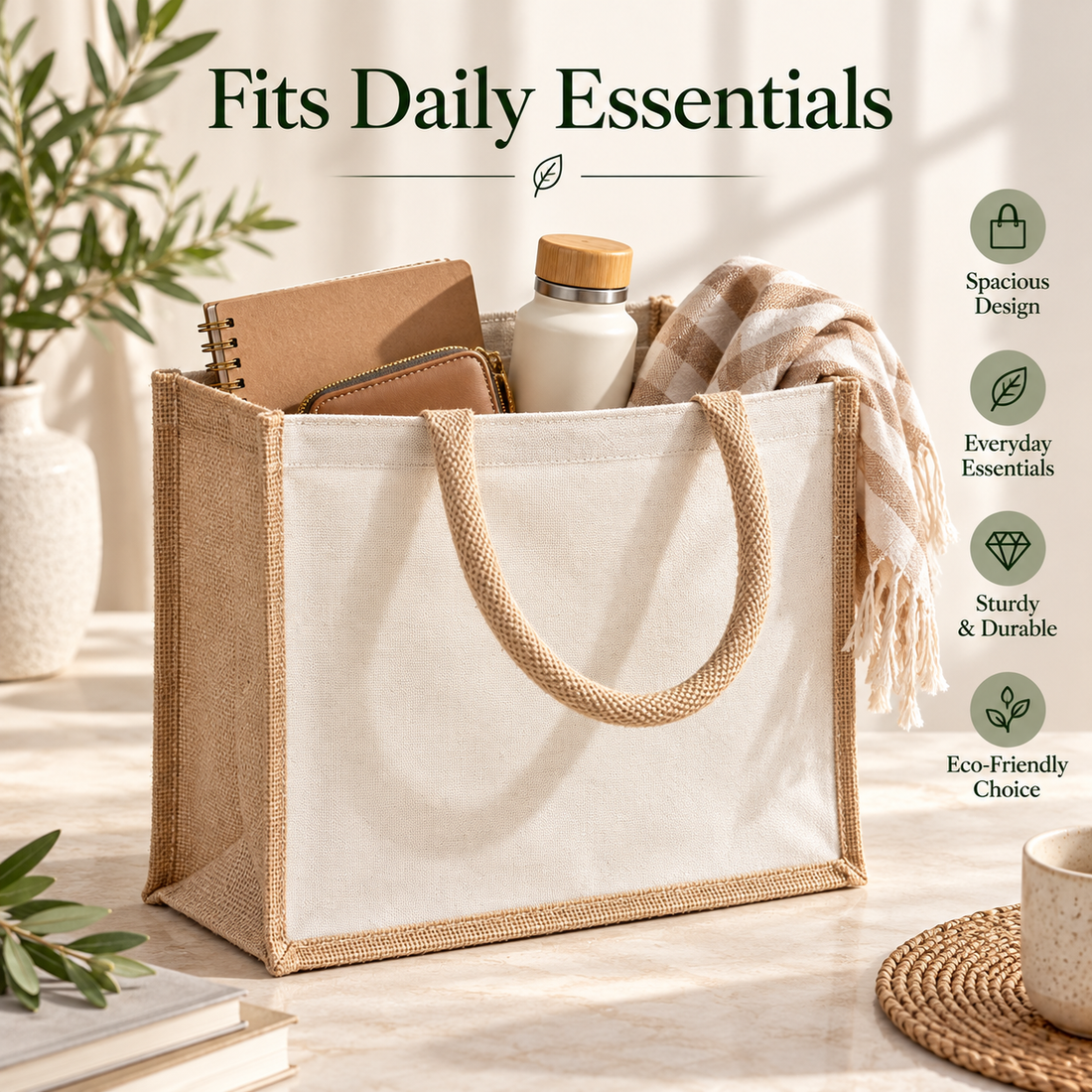 Plain 16x13x6 Natural Laminated Jute & Canvas Hamper Bag