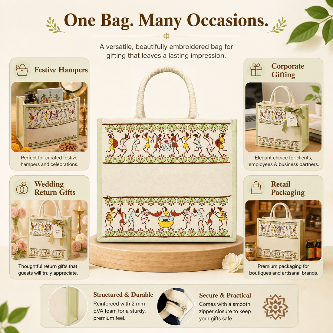 Plain Tribal Beats Warli Hamper Bag - Green