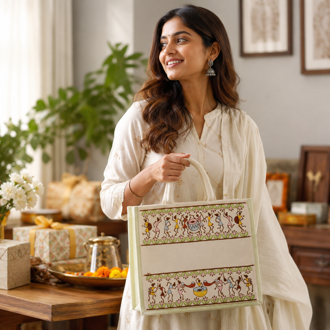 Plain Tribal Beats Warli Hamper Bag - Green
