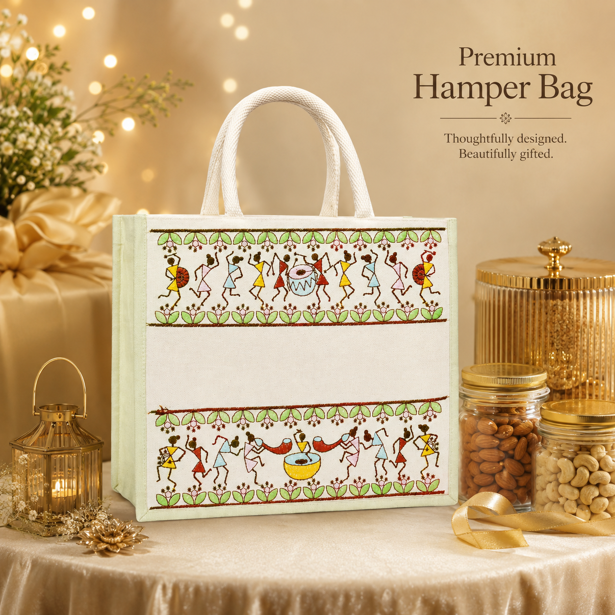 Plain Tribal Beats Warli Hamper Bag - Green