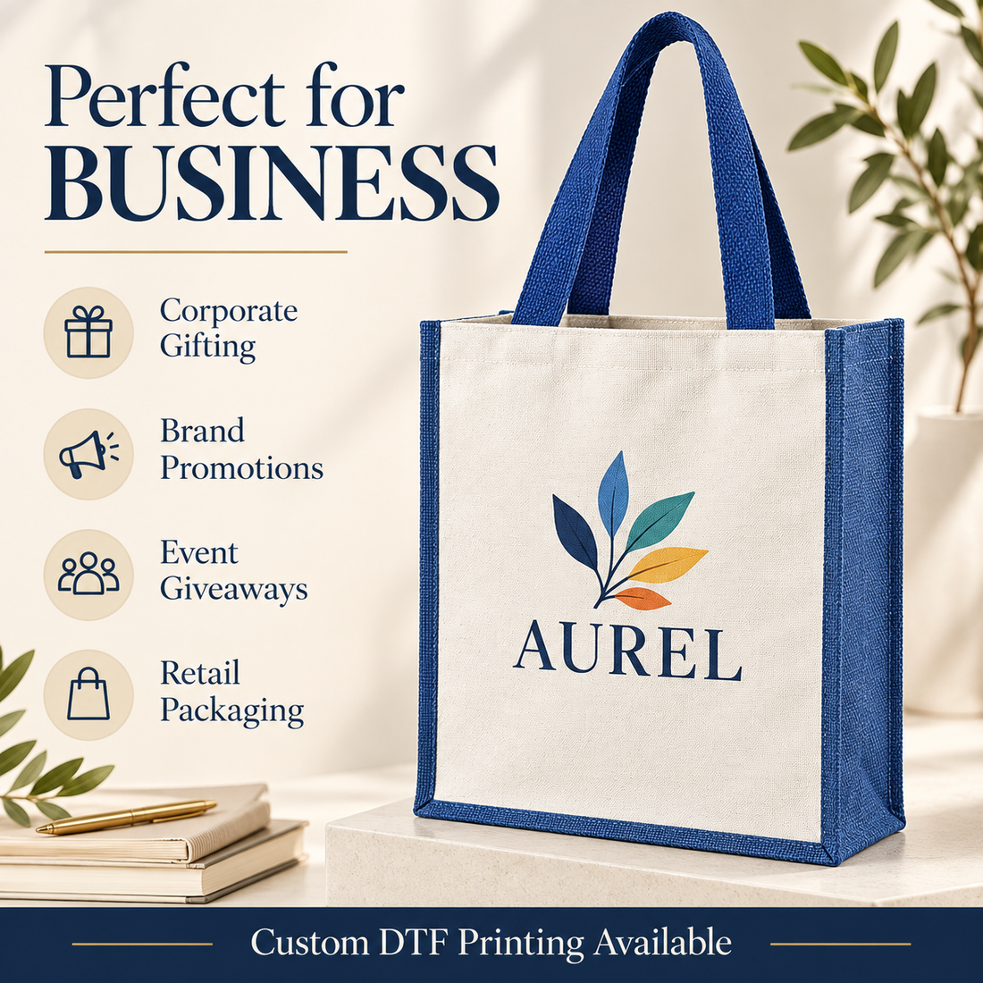 12x15.5x5.5 Blue Laminated Jute & Canvas Tote Bag