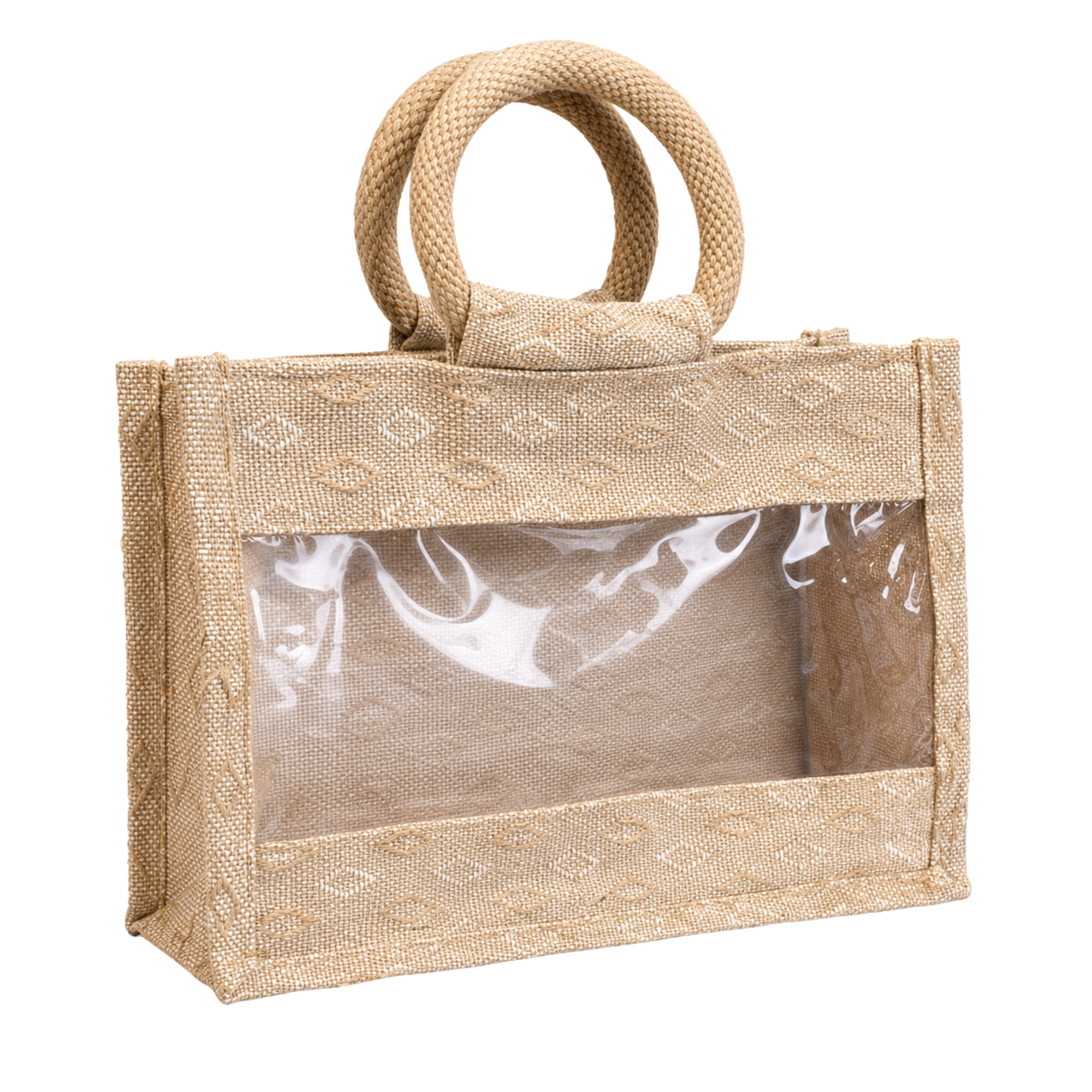 Double Diamond Jute Bag with transparent front window, round woven handles, zipper closure and structured side gusset for premium gifting and hamper packaging.