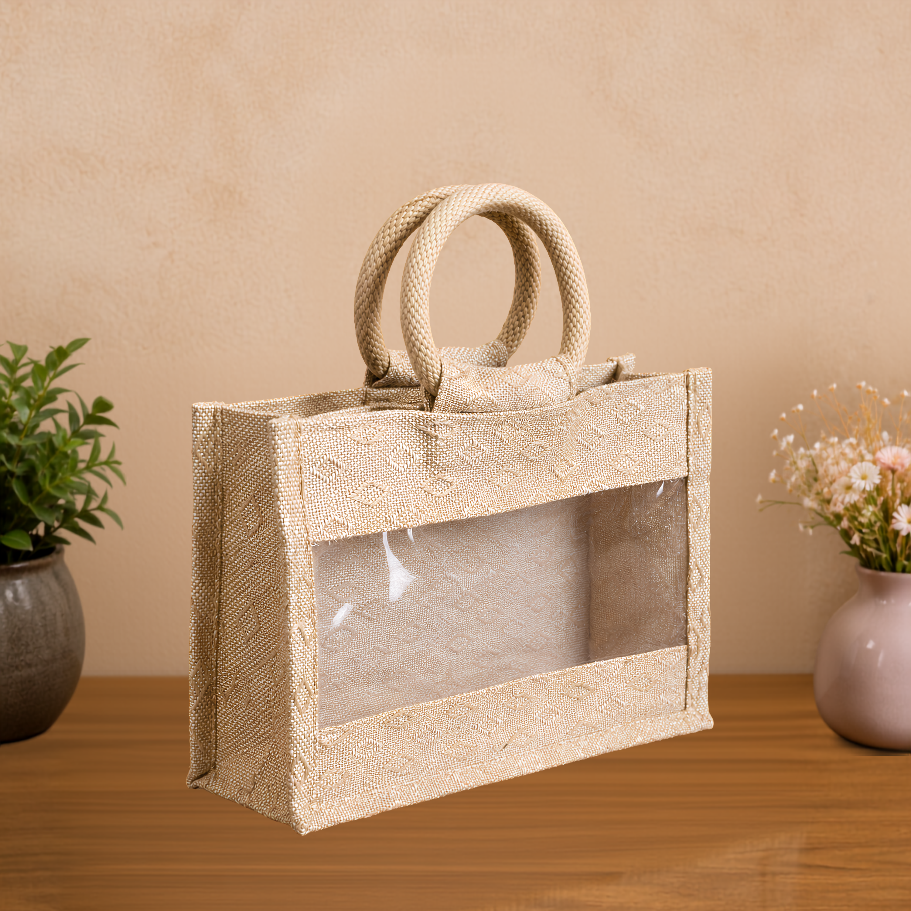 Double Diamond Jute Bag with transparent front window, round woven handles, zipper closure and structured side gusset for premium gifting and hamper packaging.