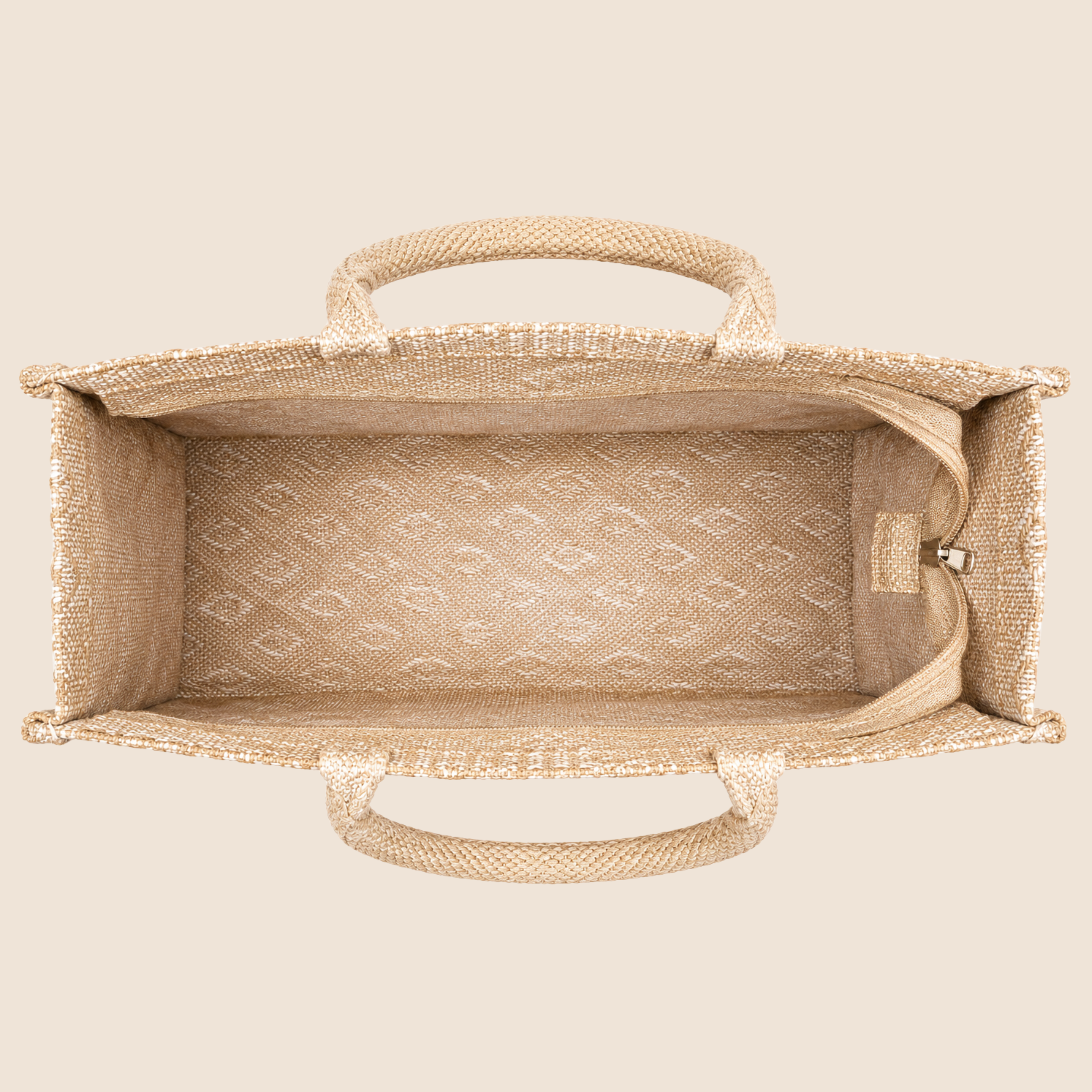 Double Diamond Jute Bag with transparent front window, round woven handles, zipper closure and structured side gusset for premium gifting and hamper packaging.