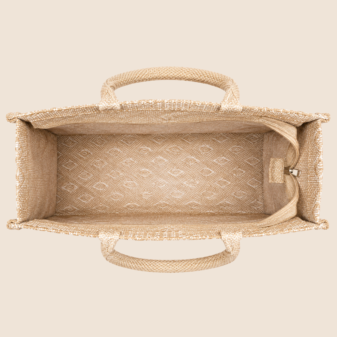 Double Diamond Jute Bag with transparent front window, round woven handles, zipper closure and structured side gusset for premium gifting and hamper packaging.