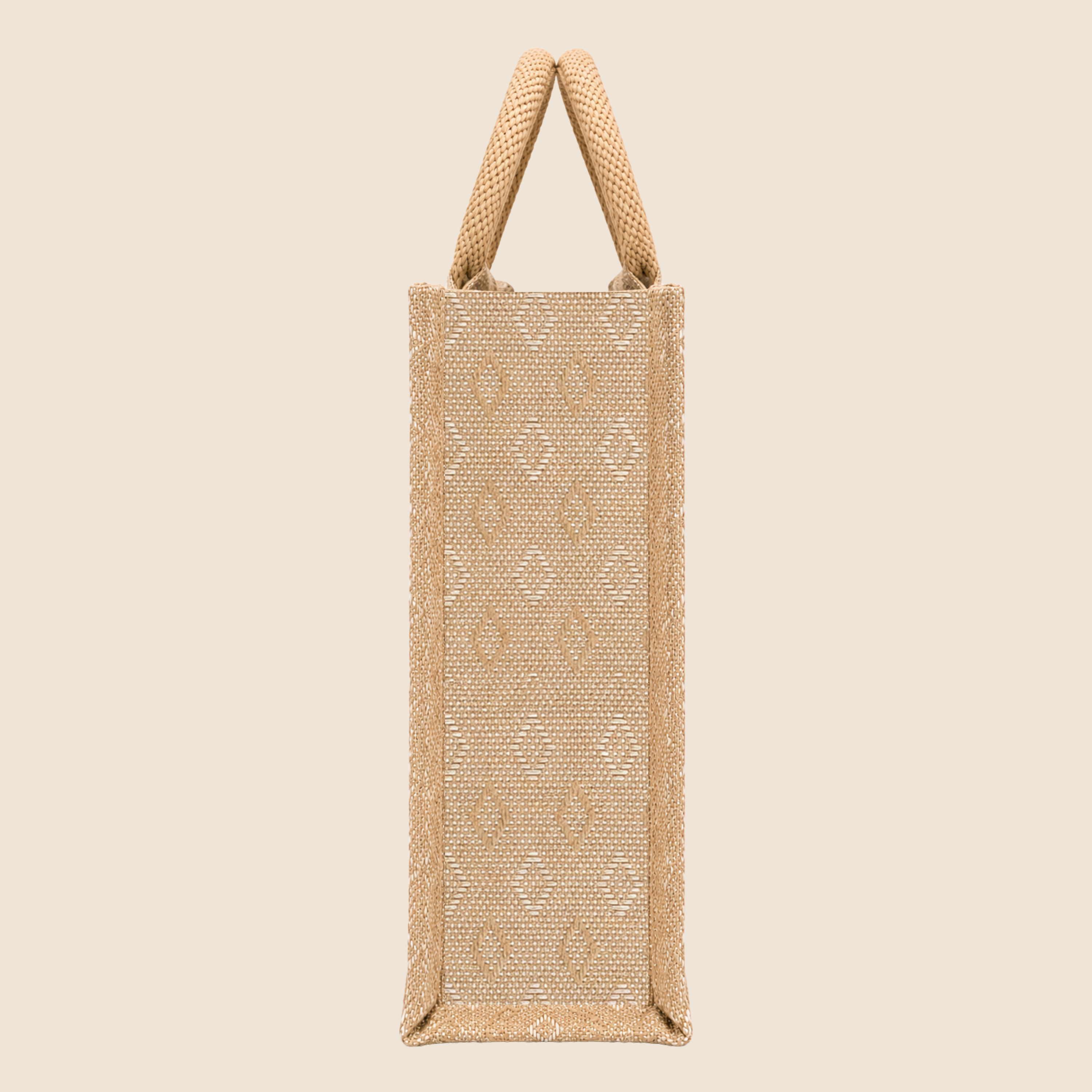 Double Diamond Jute Bag with transparent front window, round woven handles, zipper closure and structured side gusset for premium gifting and hamper packaging.