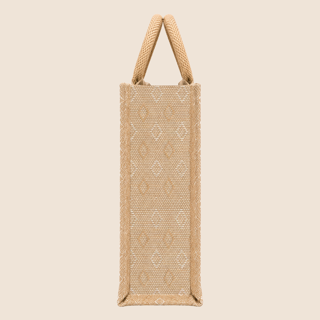 Double Diamond Jute Bag with transparent front window, round woven handles, zipper closure and structured side gusset for premium gifting and hamper packaging.