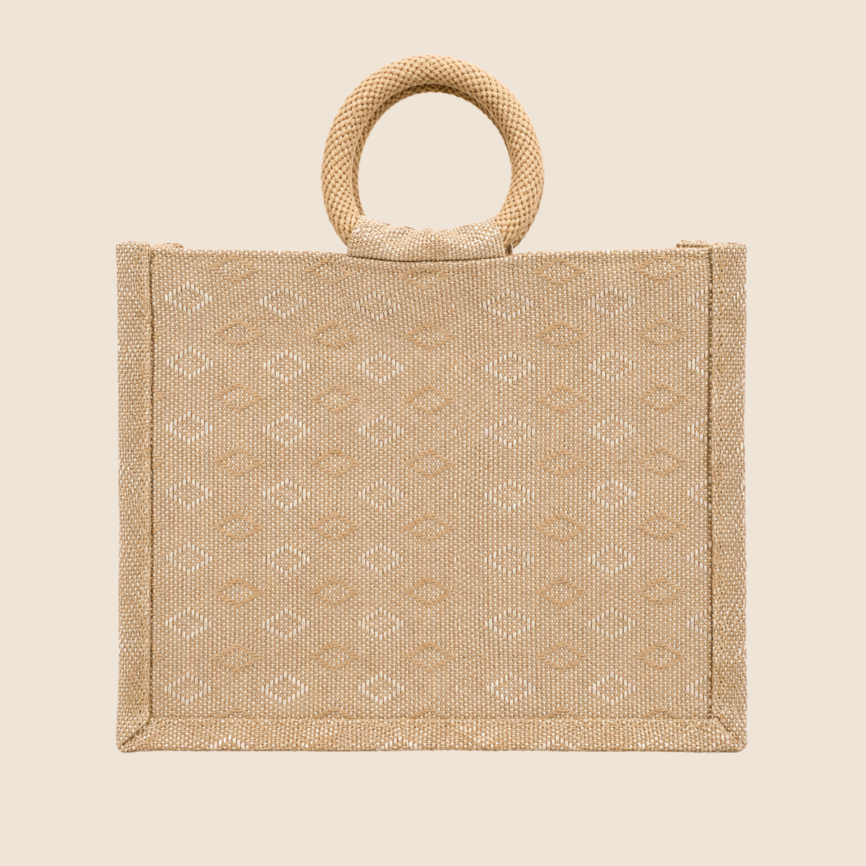 Double Diamond Jute Bag with transparent front window, round woven handles, zipper closure and structured side gusset for premium gifting and hamper packaging.