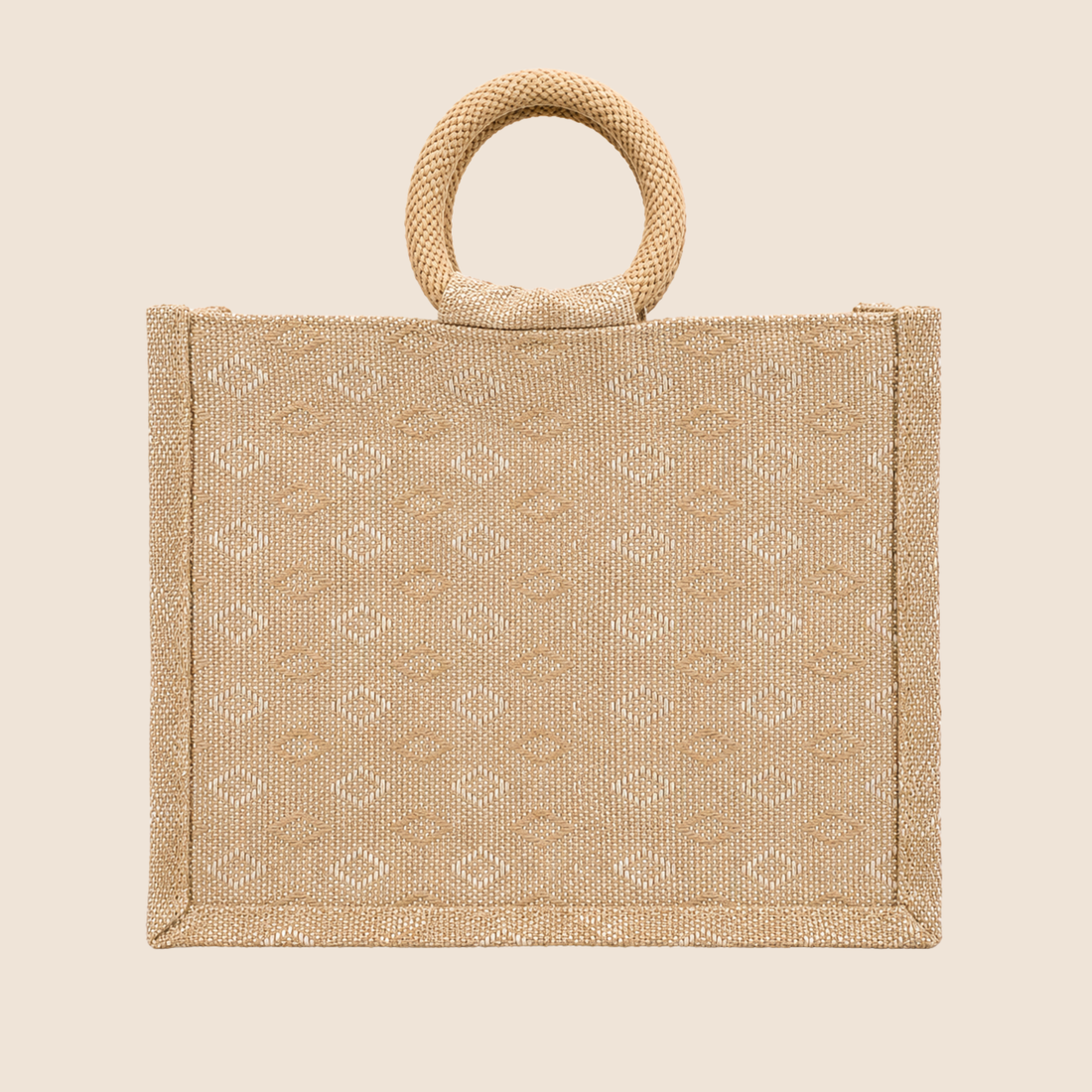 Double Diamond Jute Bag with transparent front window, round woven handles, zipper closure and structured side gusset for premium gifting and hamper packaging.