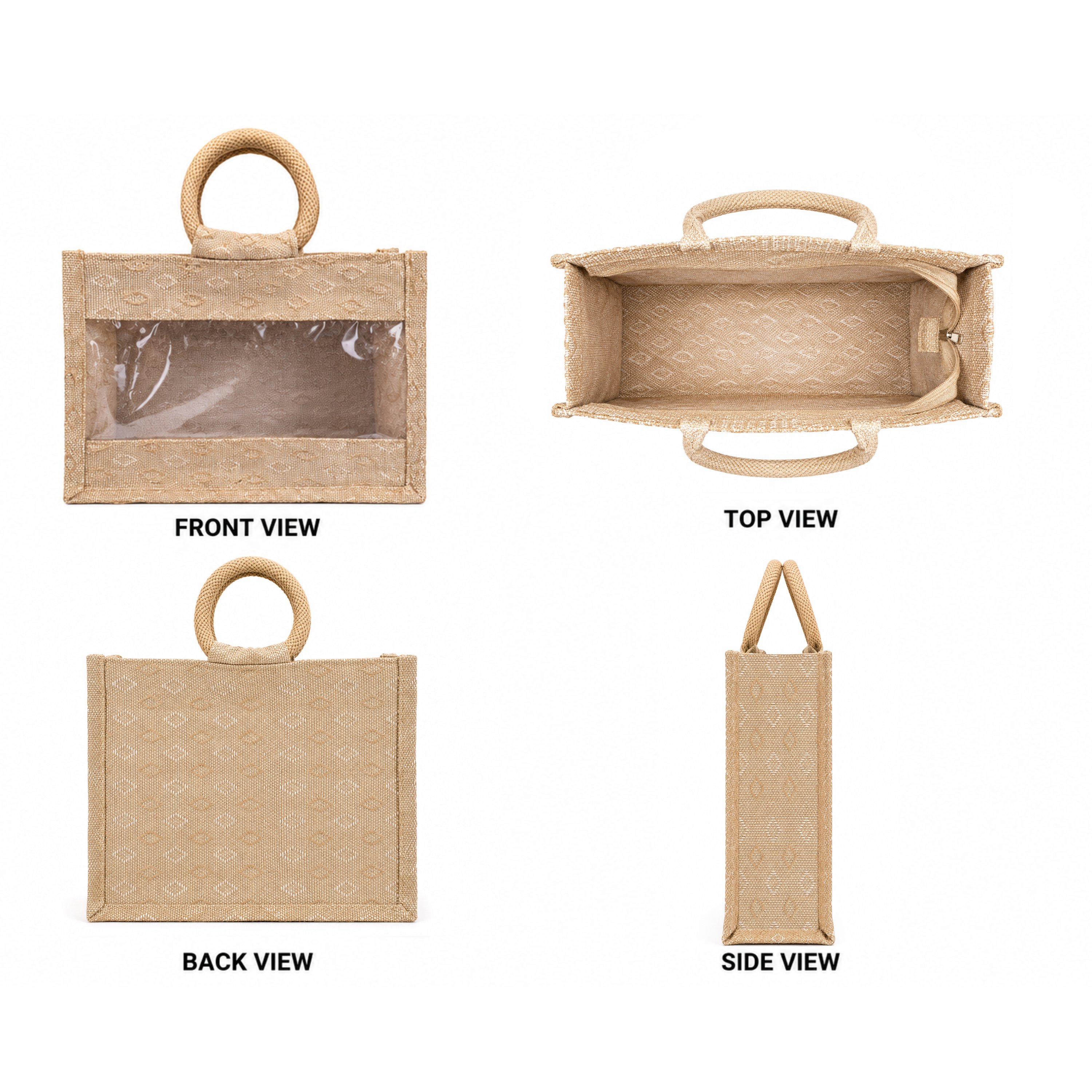 Double Diamond Jute Bag with transparent front window, round woven handles, zipper closure and structured side gusset for premium gifting and hamper packaging.
