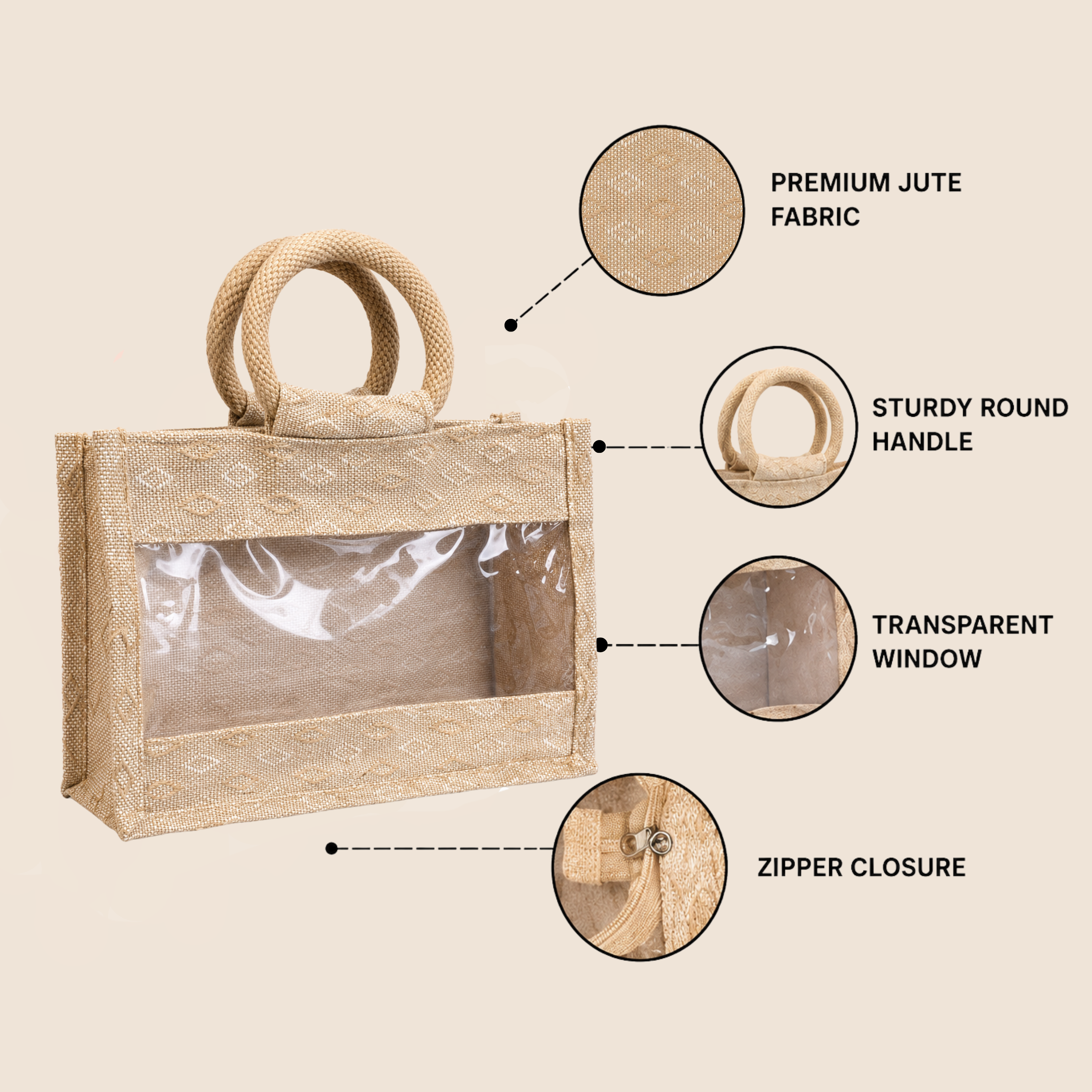 Double Diamond Jute Bag with transparent front window, round woven handles, zipper closure and structured side gusset for premium gifting and hamper packaging.