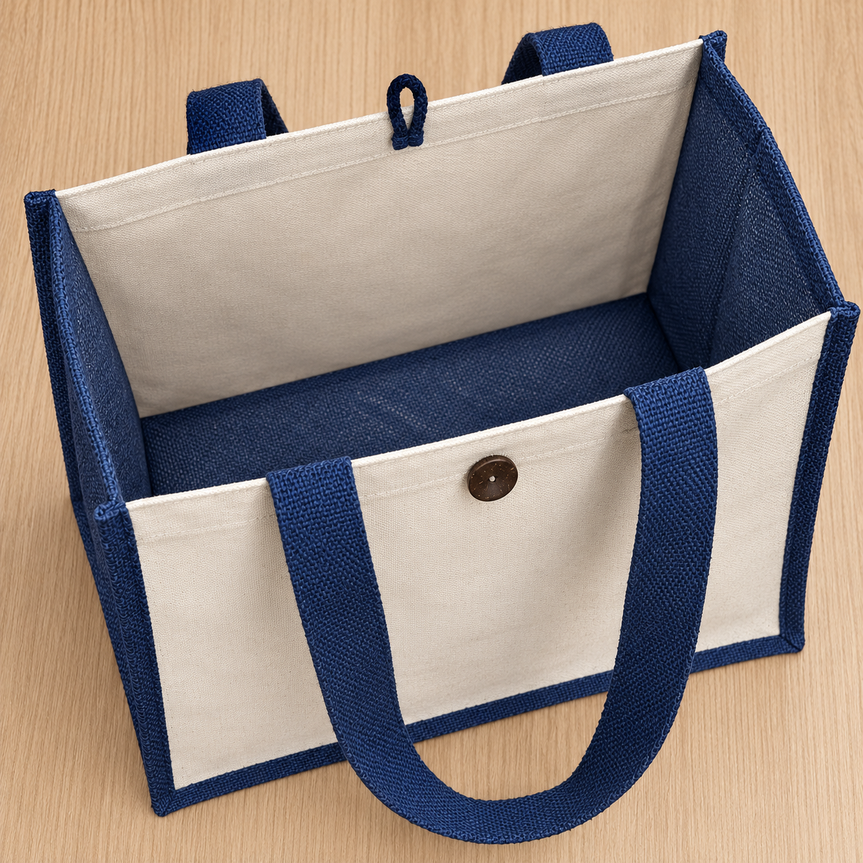 Plain 16x13x6 Navy Blue Laminated Jute & Canvas Hamper Bag with Button Closure
