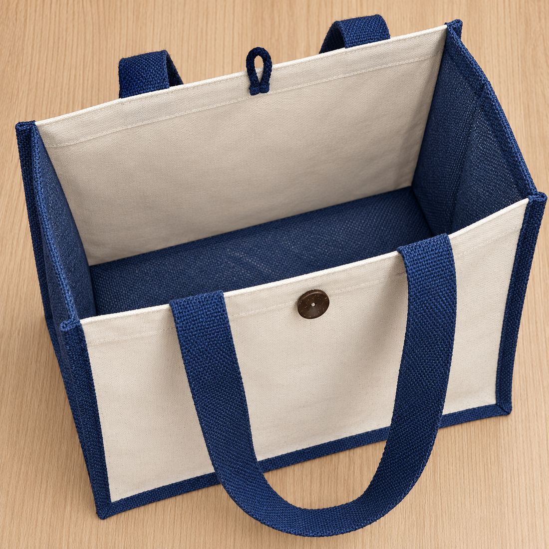 Plain 16x13x6 Navy Blue Laminated Jute & Canvas Hamper Bag with Button Closure