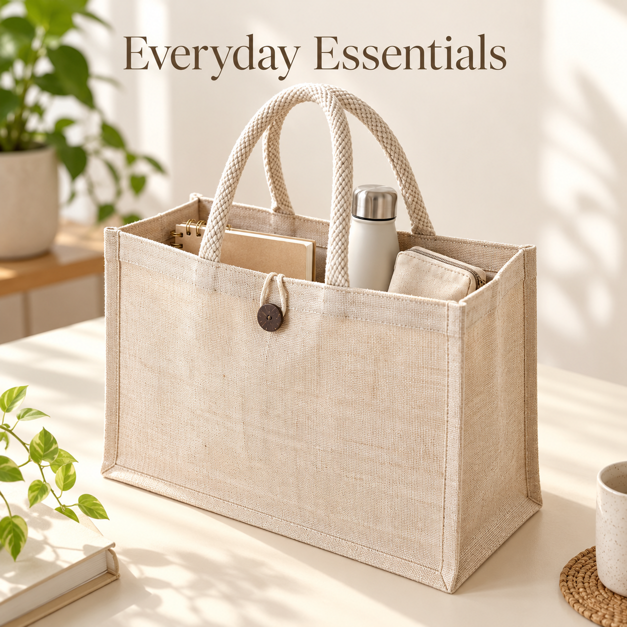 Plain 16x13x6 Natural Laminated Juco Shopping Bag with Button Closure