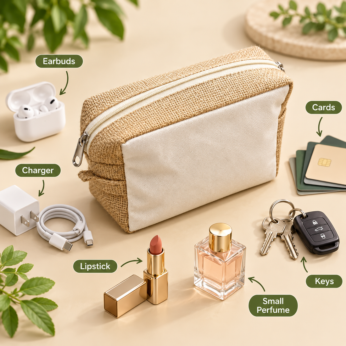 8x5x3 Plain Natural Jute & Canvas Boxy Zipper Pouch
