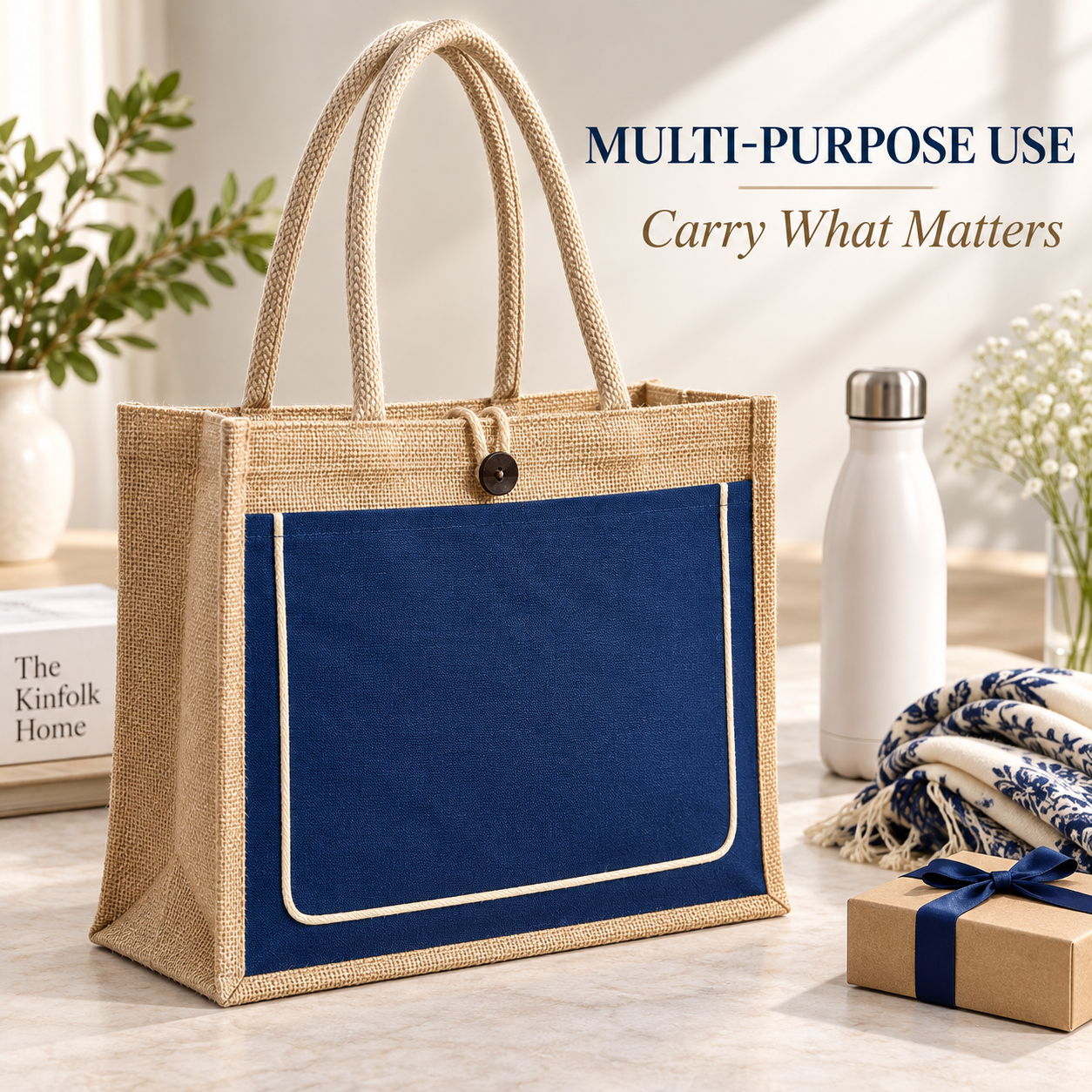 Plain 17x13x6 Royal Blue & Natural Jute Tote Bag with Piped Canvas Front Pocket