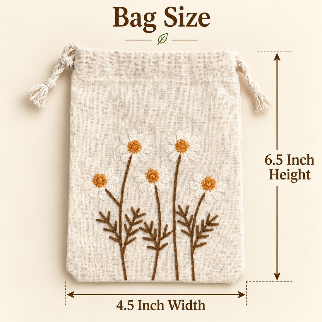 Daisy Delight Embroidered Cotton Drawstring Pouch