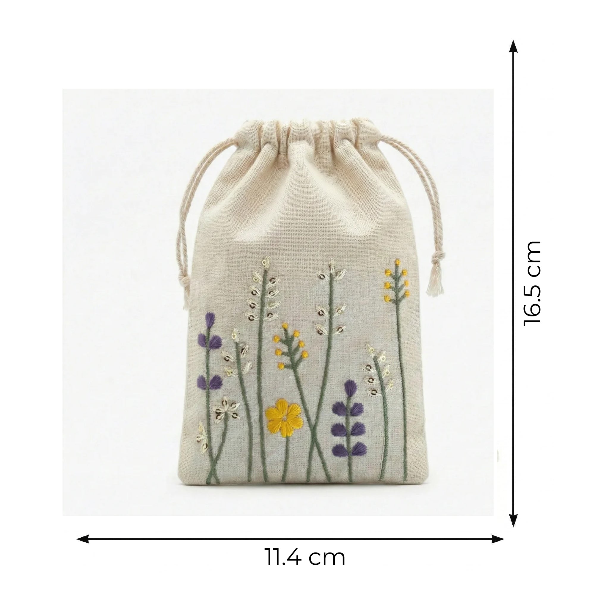 Floral Stitch Embroidered Cotton Drawstring Pouch Bag