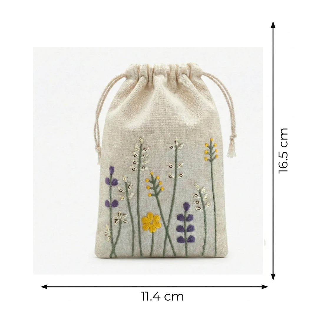 Floral Stitch Embroidered Cotton Drawstring Pouch Bag