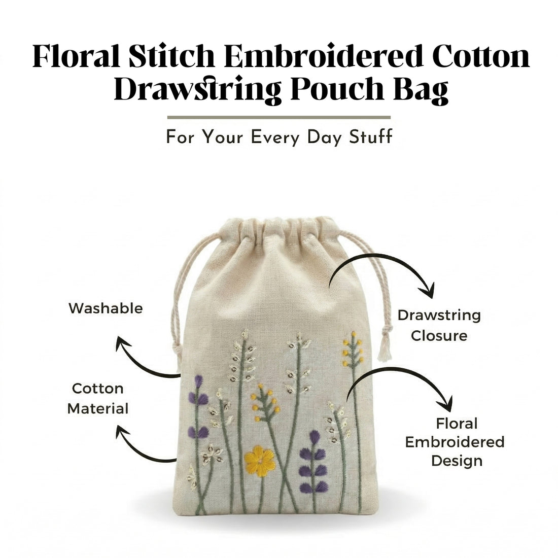 Floral Stitch Embroidered Cotton Drawstring Pouch Bag