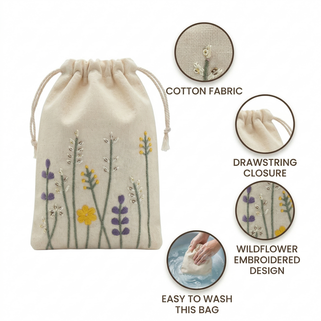 Floral Stitch Embroidered Cotton Drawstring Pouch Bag