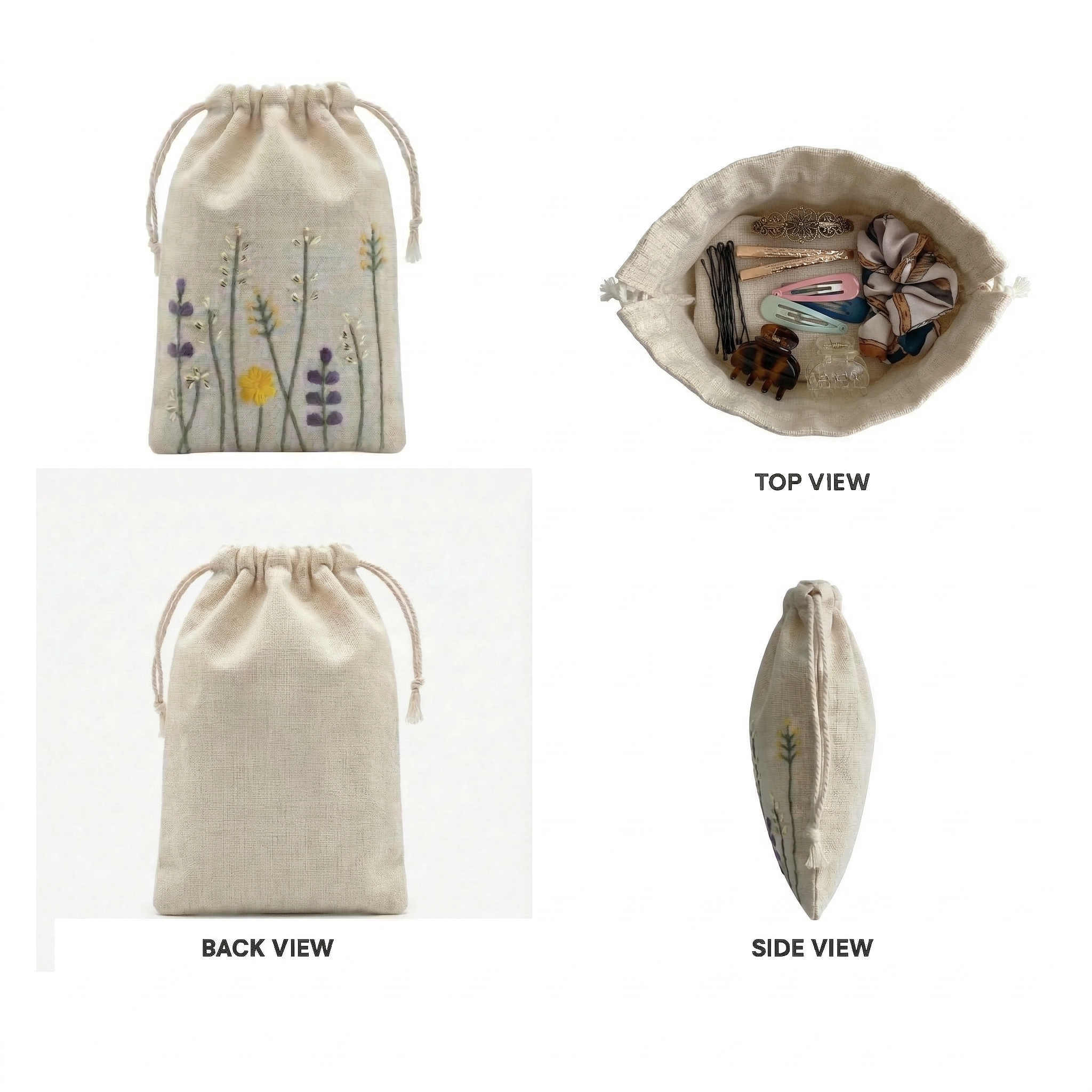 Floral Stitch Embroidered Cotton Drawstring Pouch Bag