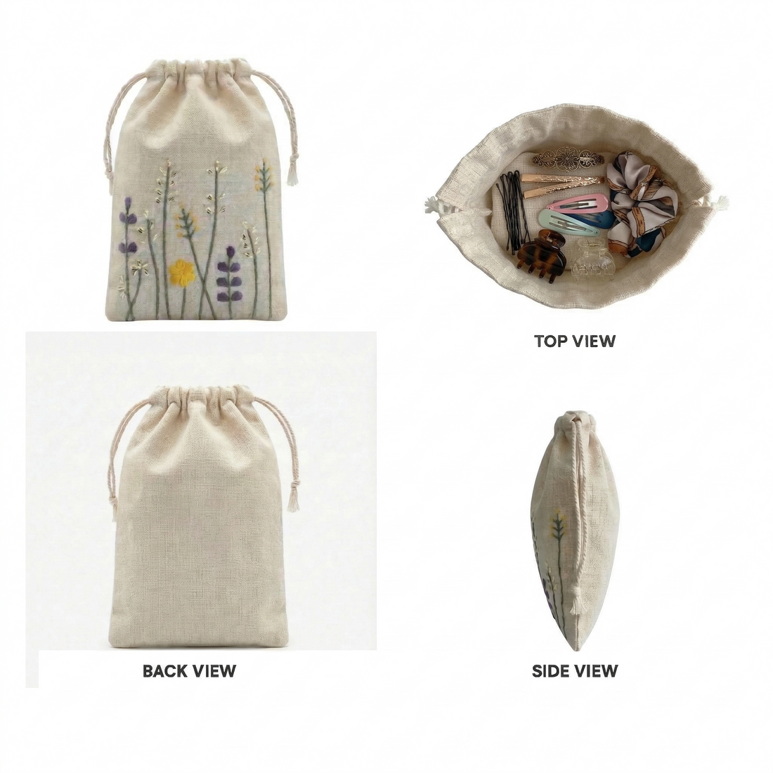 Floral Stitch Embroidered Cotton Drawstring Pouch Bag