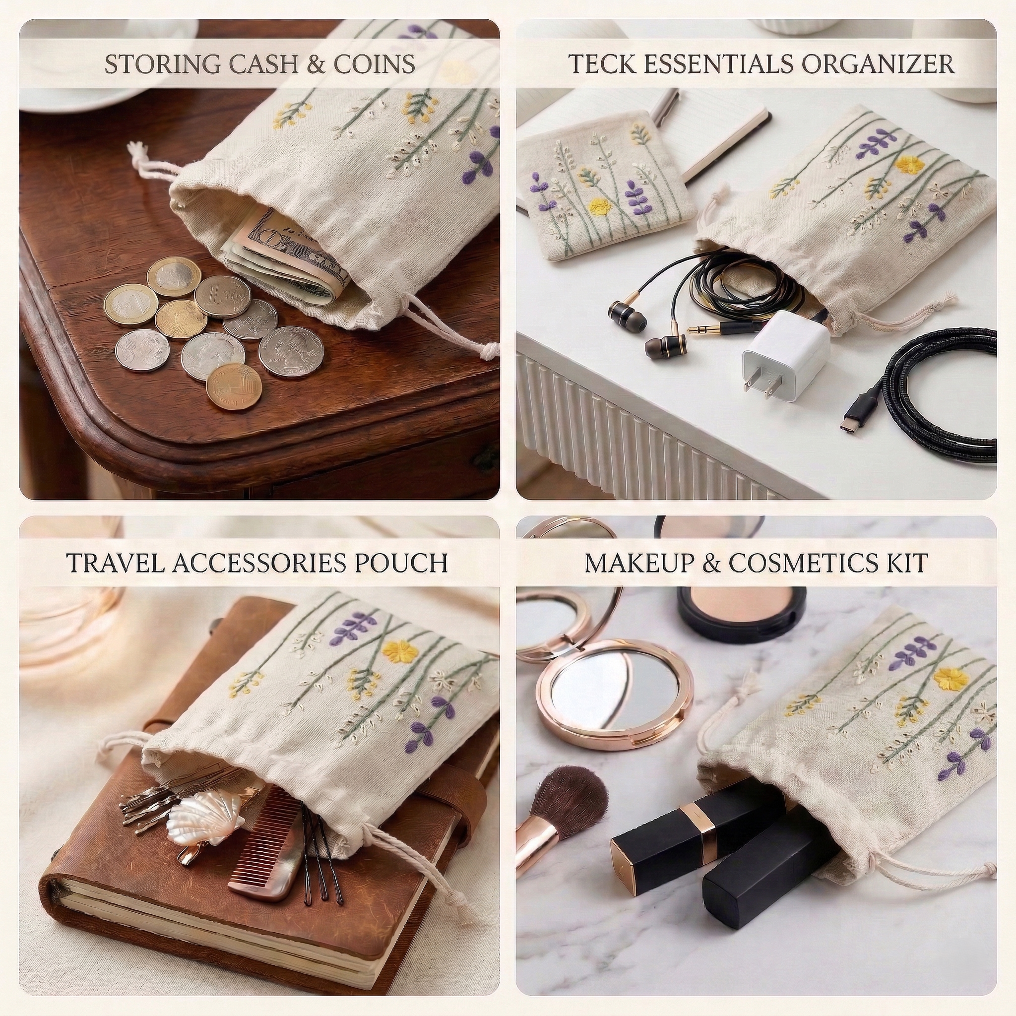 Floral Stitch Embroidered Cotton Drawstring Pouch Bag