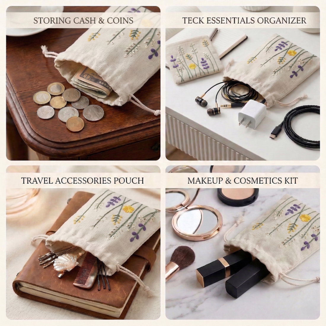 Floral Stitch Embroidered Cotton Drawstring Pouch Bag