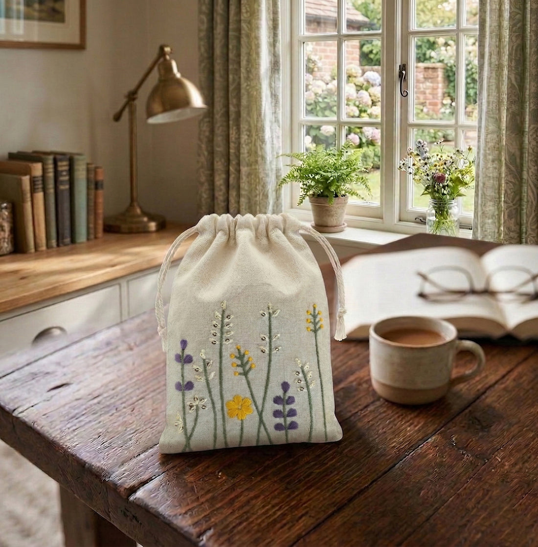 Floral Stitch Embroidered Cotton Drawstring Pouch Bag