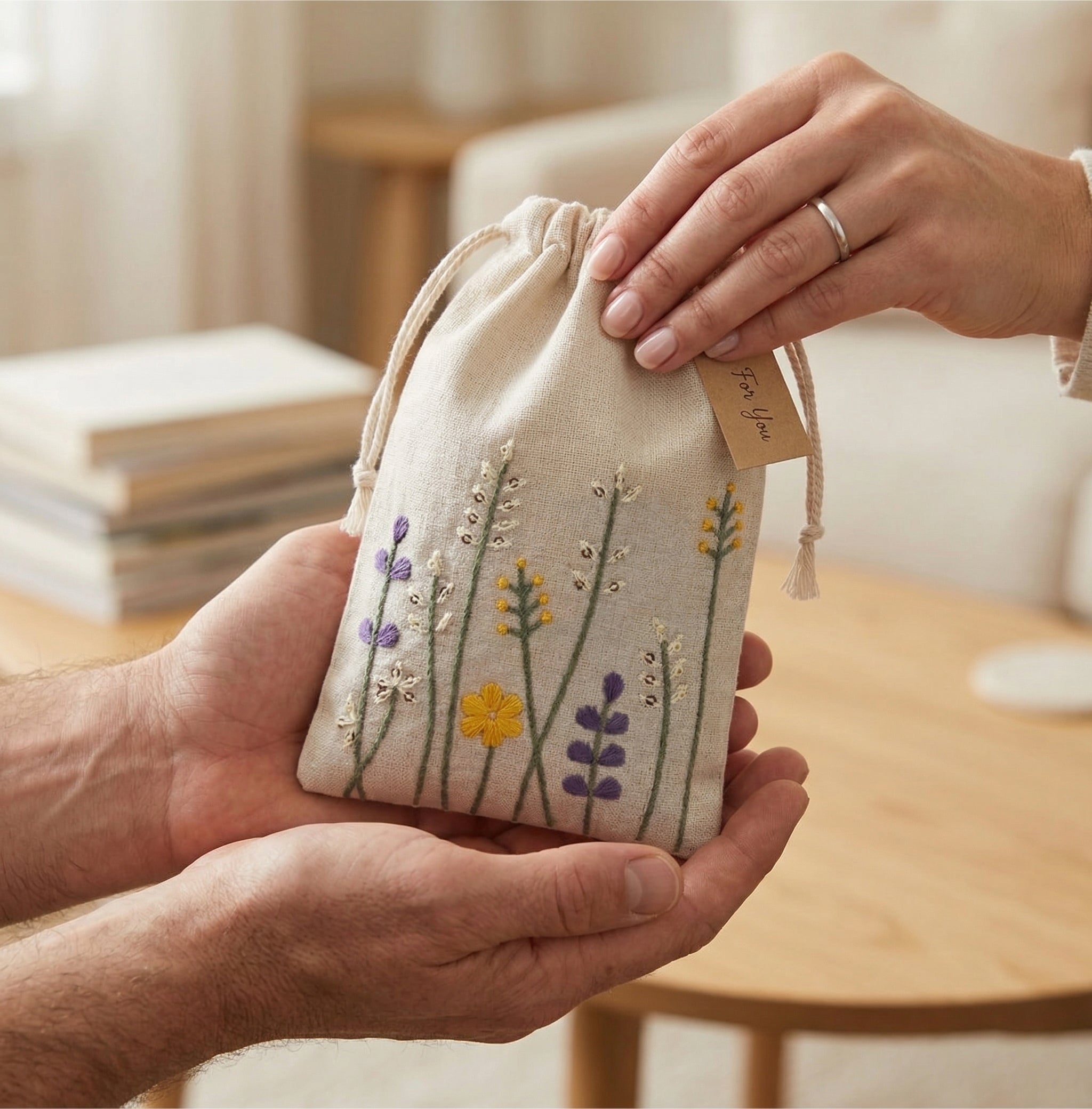 Floral Stitch Embroidered Cotton Drawstring Pouch Bag