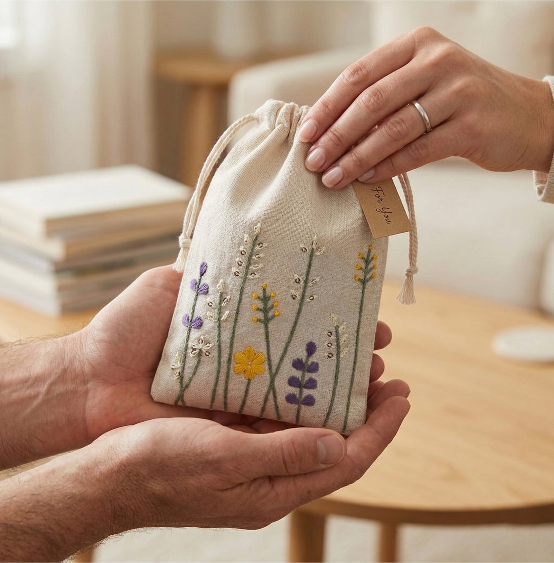 Floral Stitch Embroidered Cotton Drawstring Pouch Bag