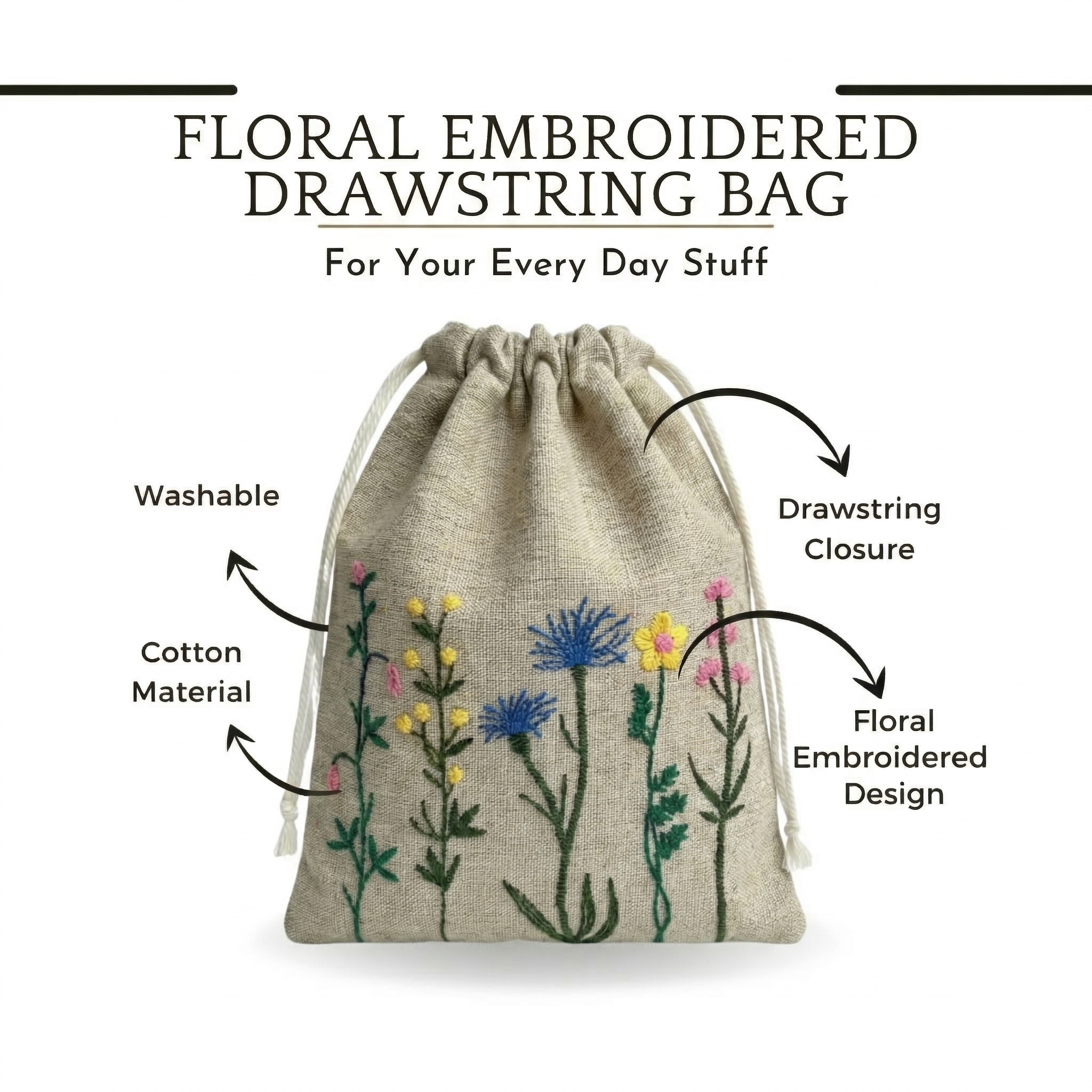 Floral Yellow Embroidered Drawstring Bag