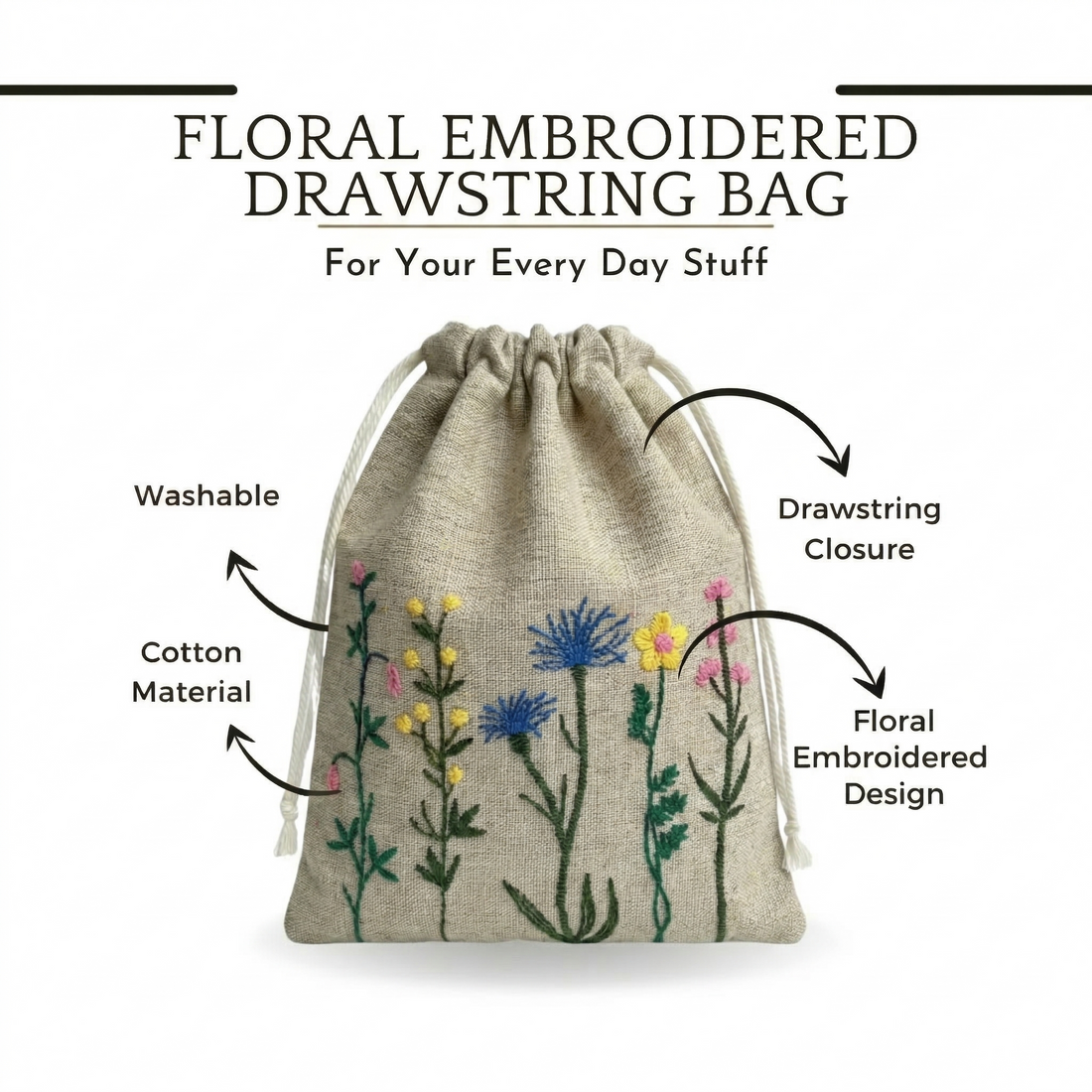 Floral Yellow Embroidered Drawstring Bag