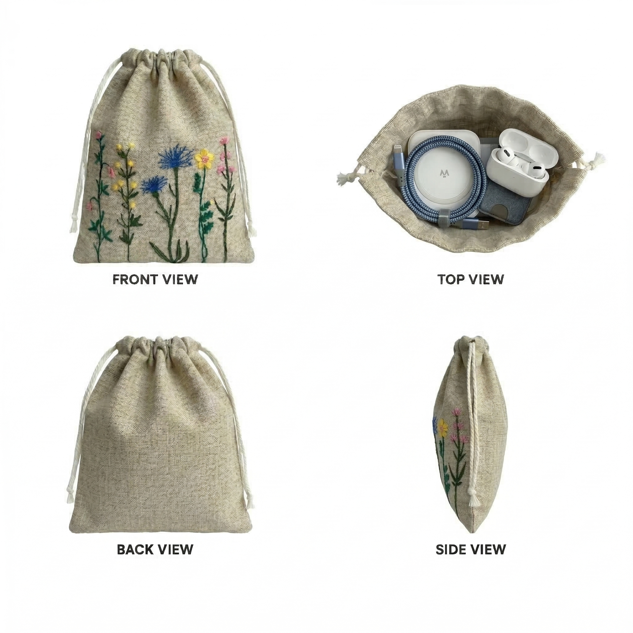 Floral Yellow Embroidered Drawstring Bag