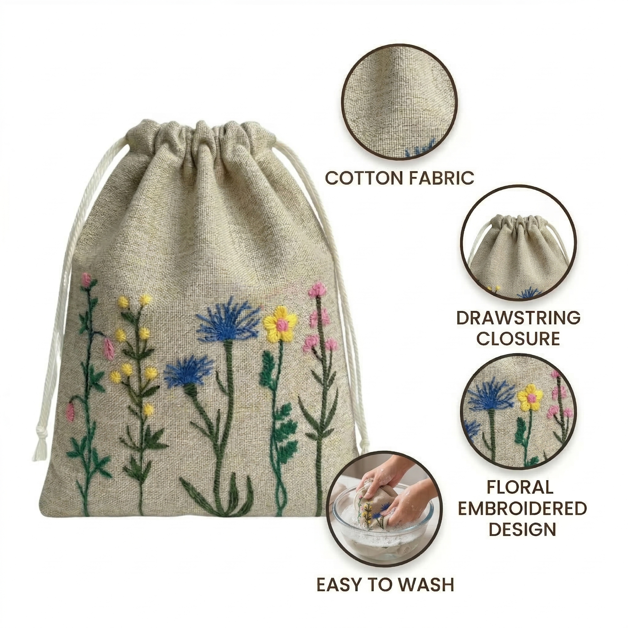 Floral Yellow Embroidered Drawstring Bag